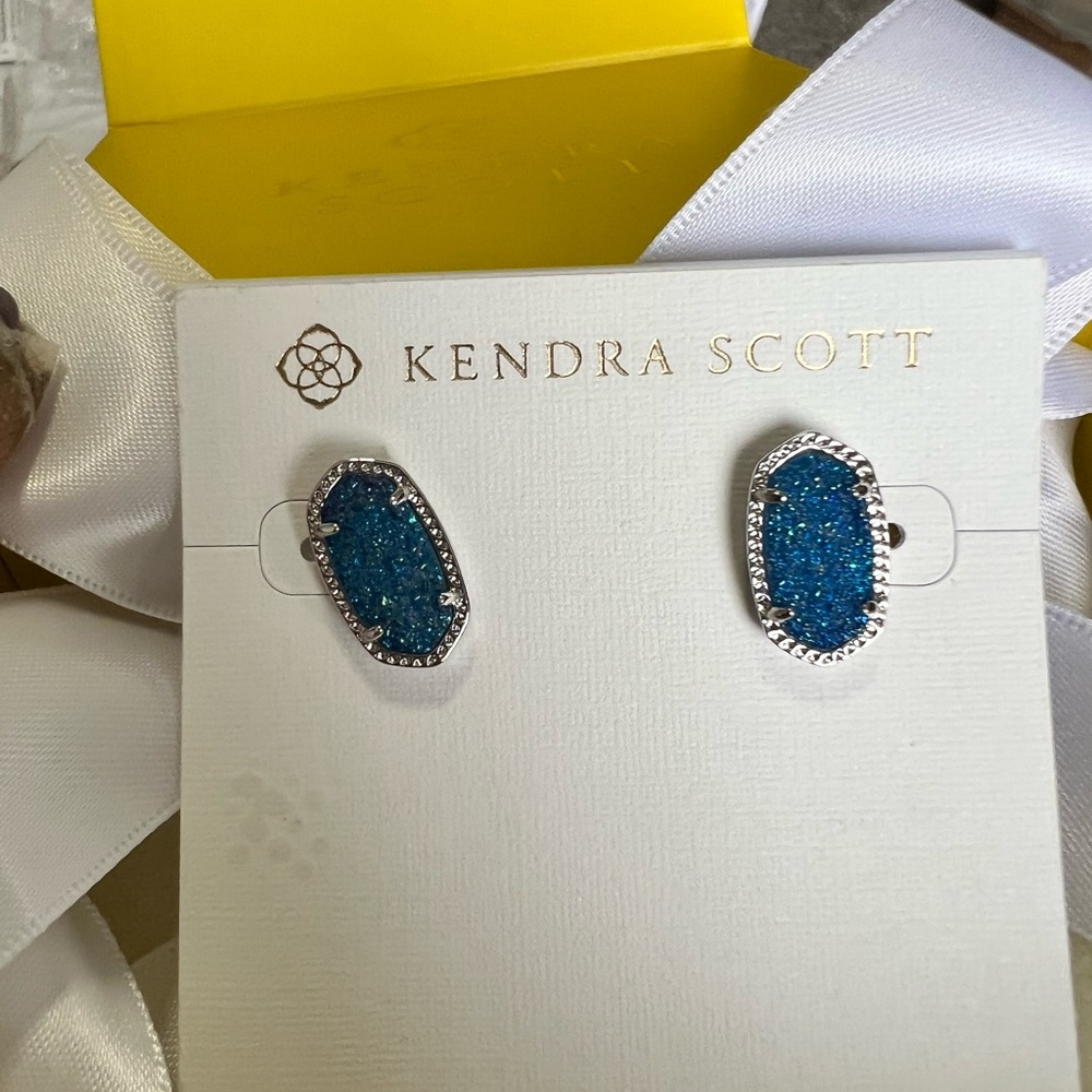 NWT Rare & Retired Kendra Scott Ellie Earrings Light Blue Drusy & Silver WOW! - Picture 9 of 15